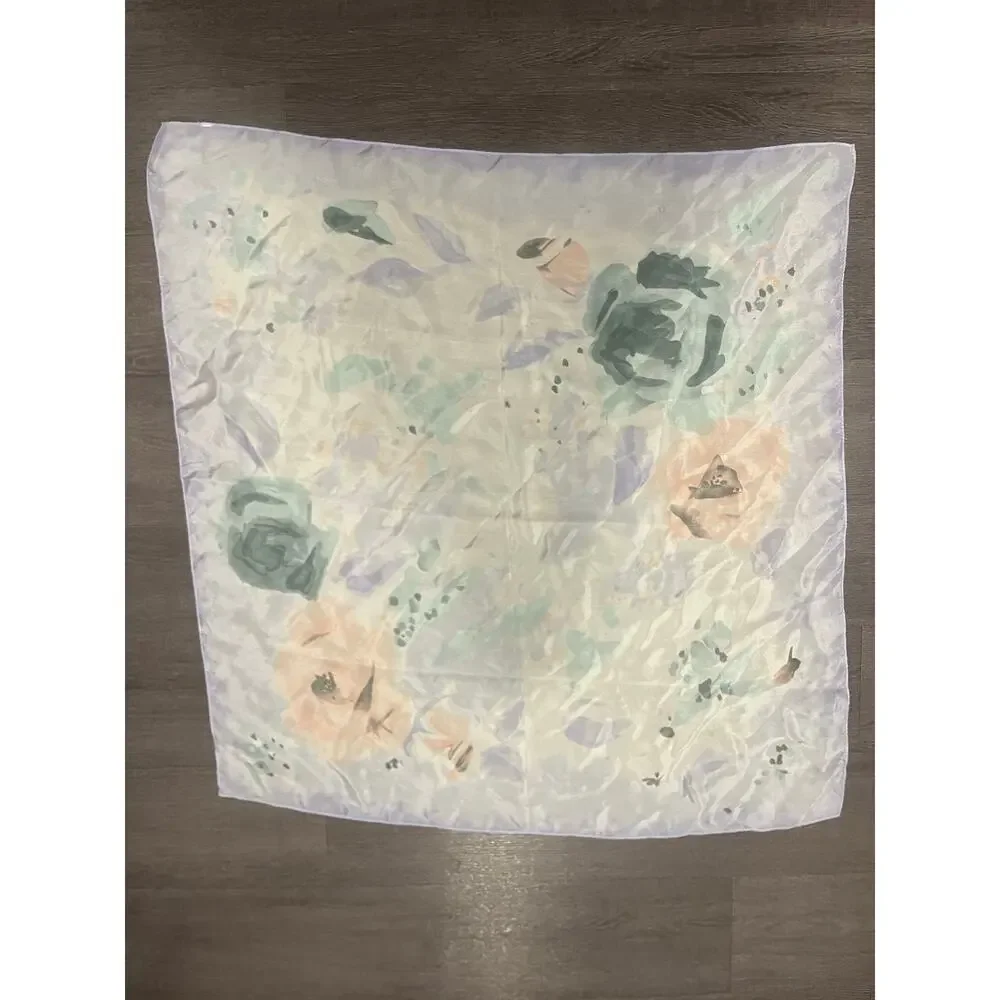 Vintage 60s Pastel Floral Scarf Water Color Lavender Peach Green cottagecore